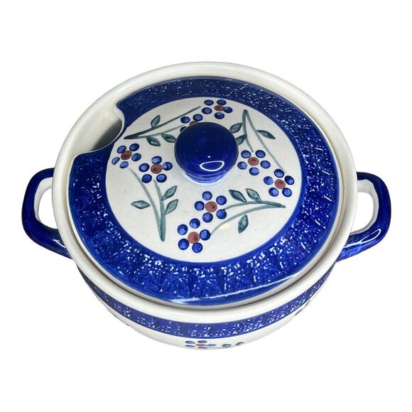 VTG Wiza Poland COVERED DISH Sugar Bowl Gravy Mini Crock Handles Polish Pottery - Picture 5 of 6